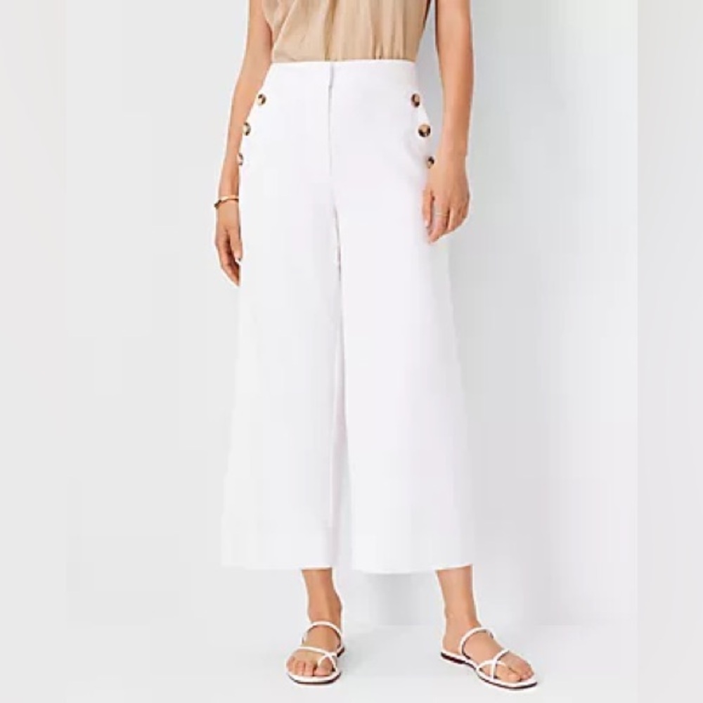 LOFT White High-Waist Wide Leg Button-Accent Pants